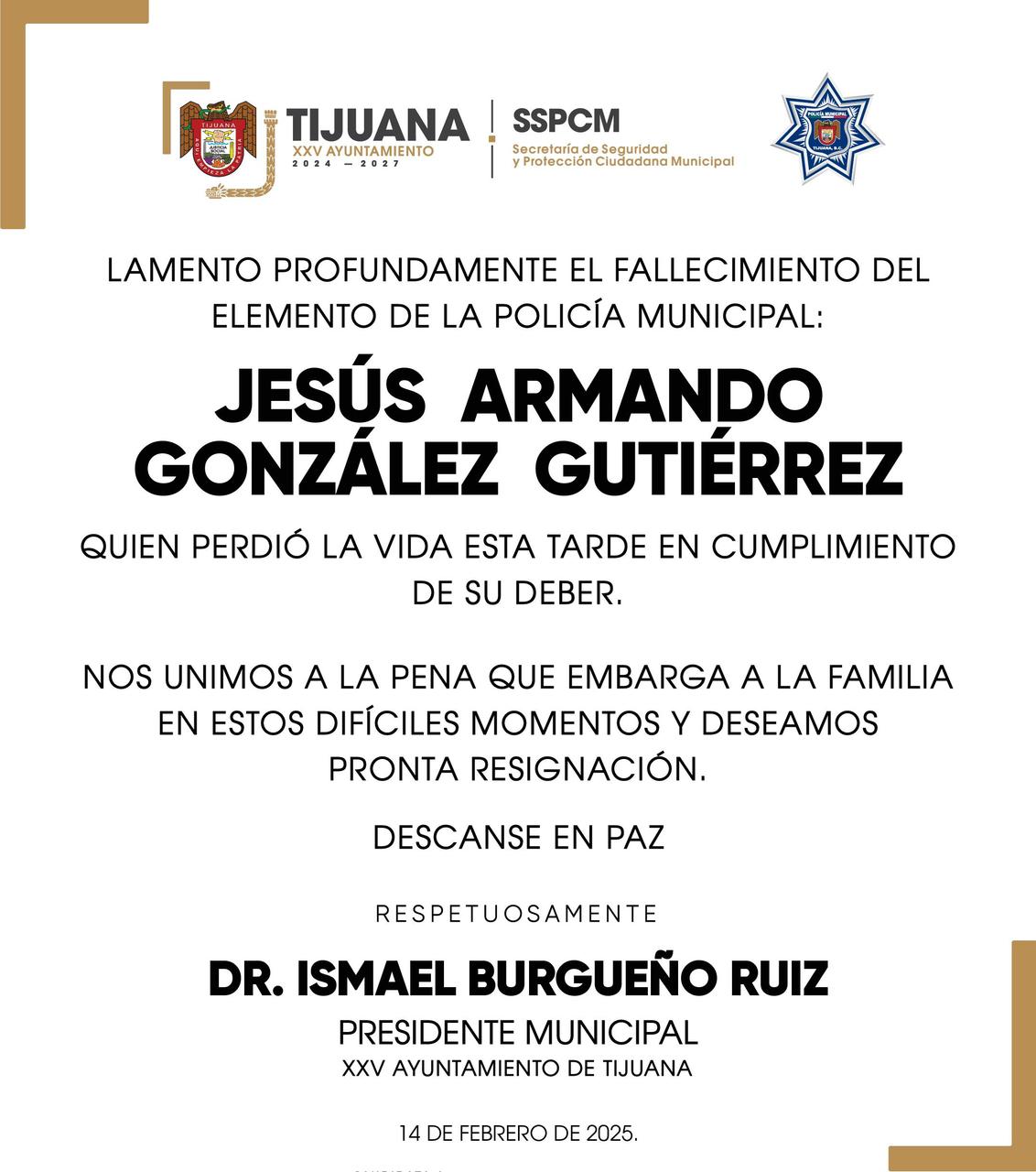 Lamenta SSPCM el fallecimiento del agente municipal Jesús Armando González Gutiérrez