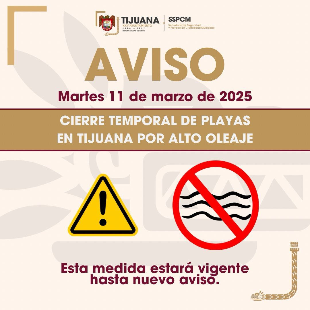 Anuncia XXV Ayuntamiento de Tijuana cierre de playas por alto oleaje