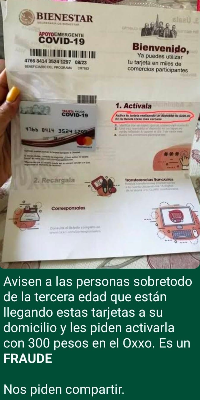 ALERTAN DE ESTA MODALIDAD DE FRAUDE CON FALSAS TARJETAS DEL BIENESTAR