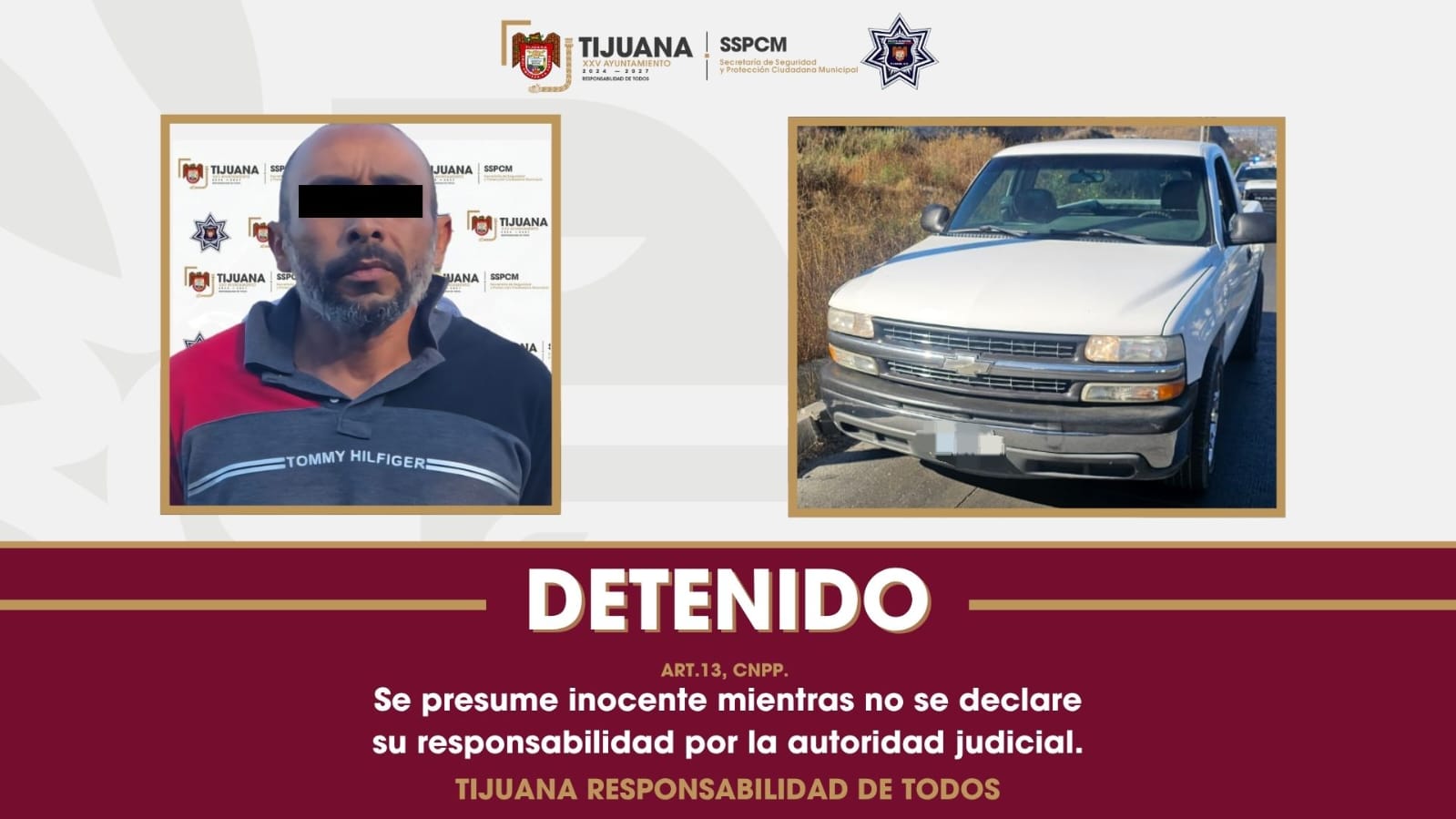 Asegura Policía Municipal de Tijuana vehículo y a persona sospechosa de agresión armada a Policía Municipal de Tecate
