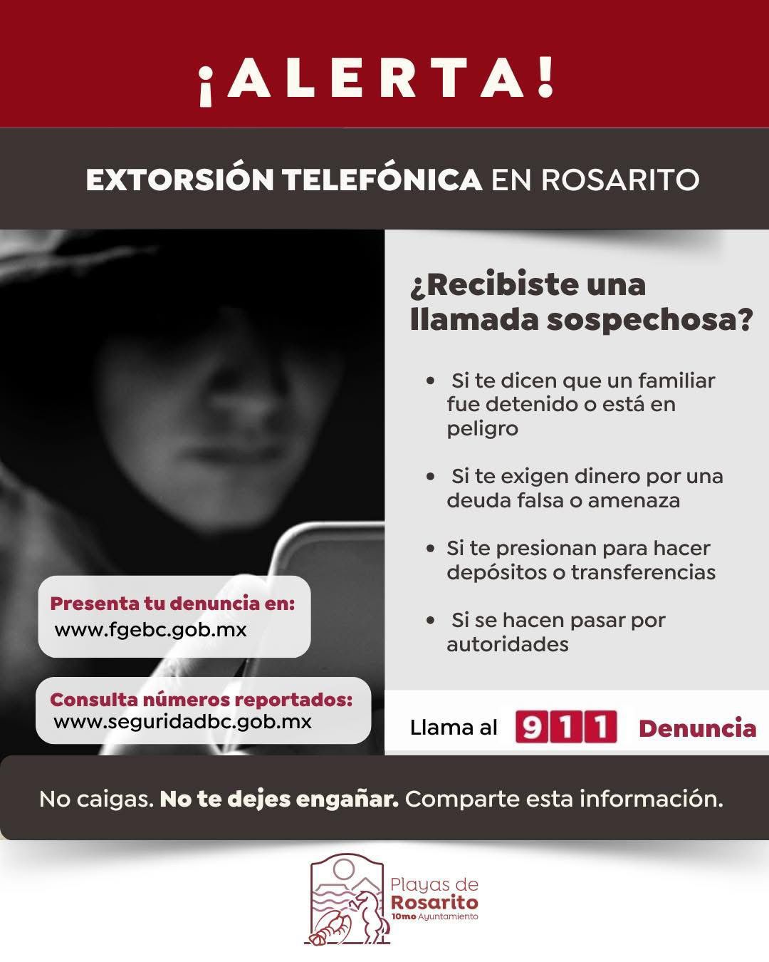 Secretaría de Seguridad Ciudadana de Playas de Rosarito advierte sobre llamadas de extorsión desde número identificado