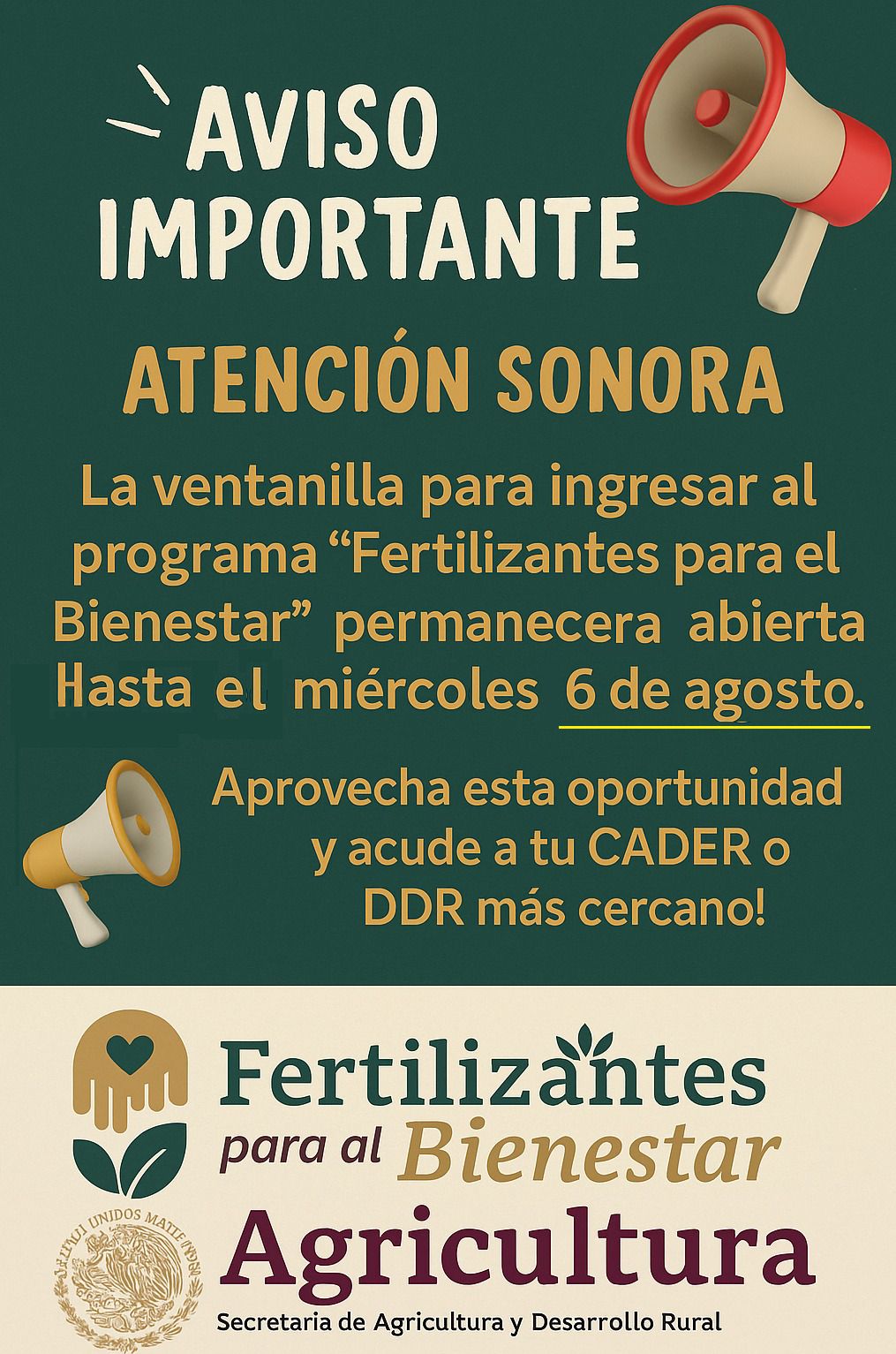 SADER Sonora amplía plazo del Programa Fertilizantes para el Bienestar hasta el 6 de agosto