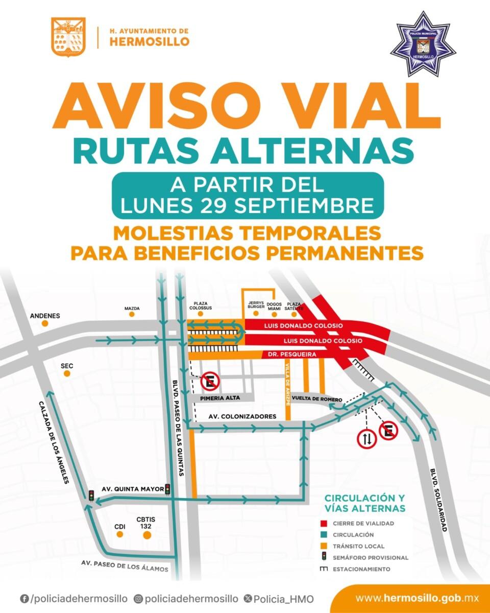 Cambiarán rutas alternas por construcción de paso a desnivel de Colosio y Solidaridad