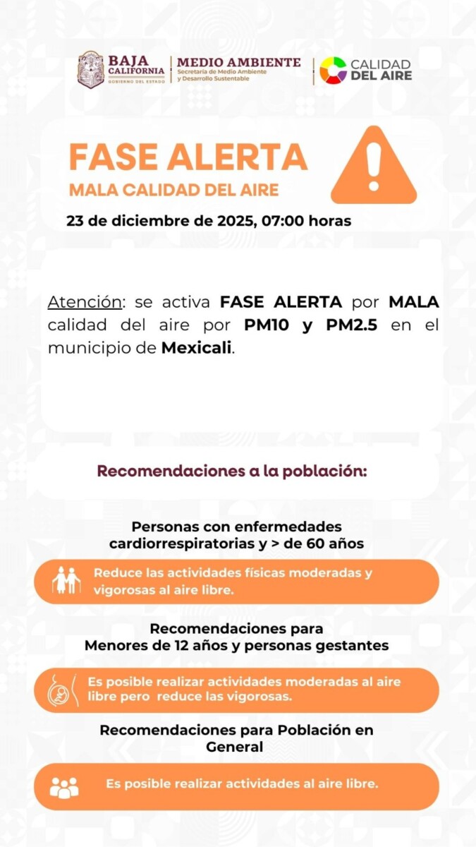 CONTINÚA LA ALERTA NARANJA EN MEXICALI POR MALA CALIDAD DEL AIRE