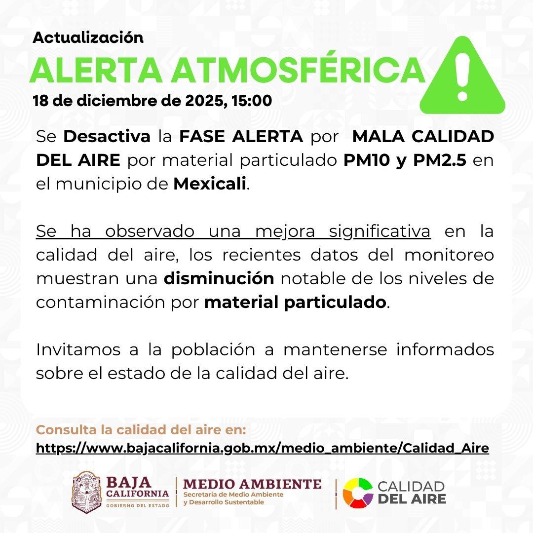 SE DESACTIVA LA ALERTA POR MALA CALIDAD DEL AIRE EN MEXICALI