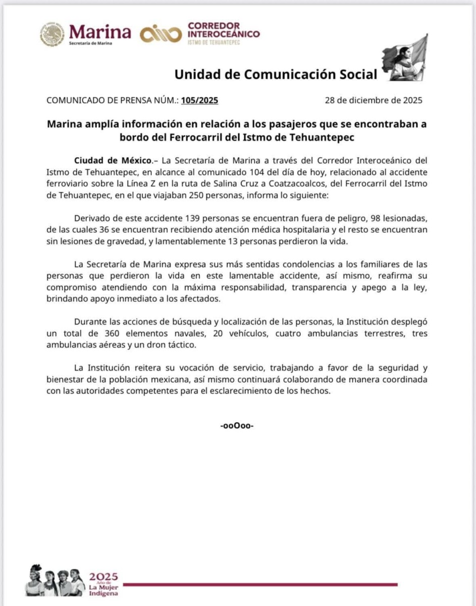 ESCUETO COMUNICADO DE LA MARINA RESPETCTO DE LA TRAGEDIA GENERADA EN EL TREN INTEROCEÁNICO, QUE DEJÓ 13 MUERTOS Y 98 PERSONAS LESIONADAS