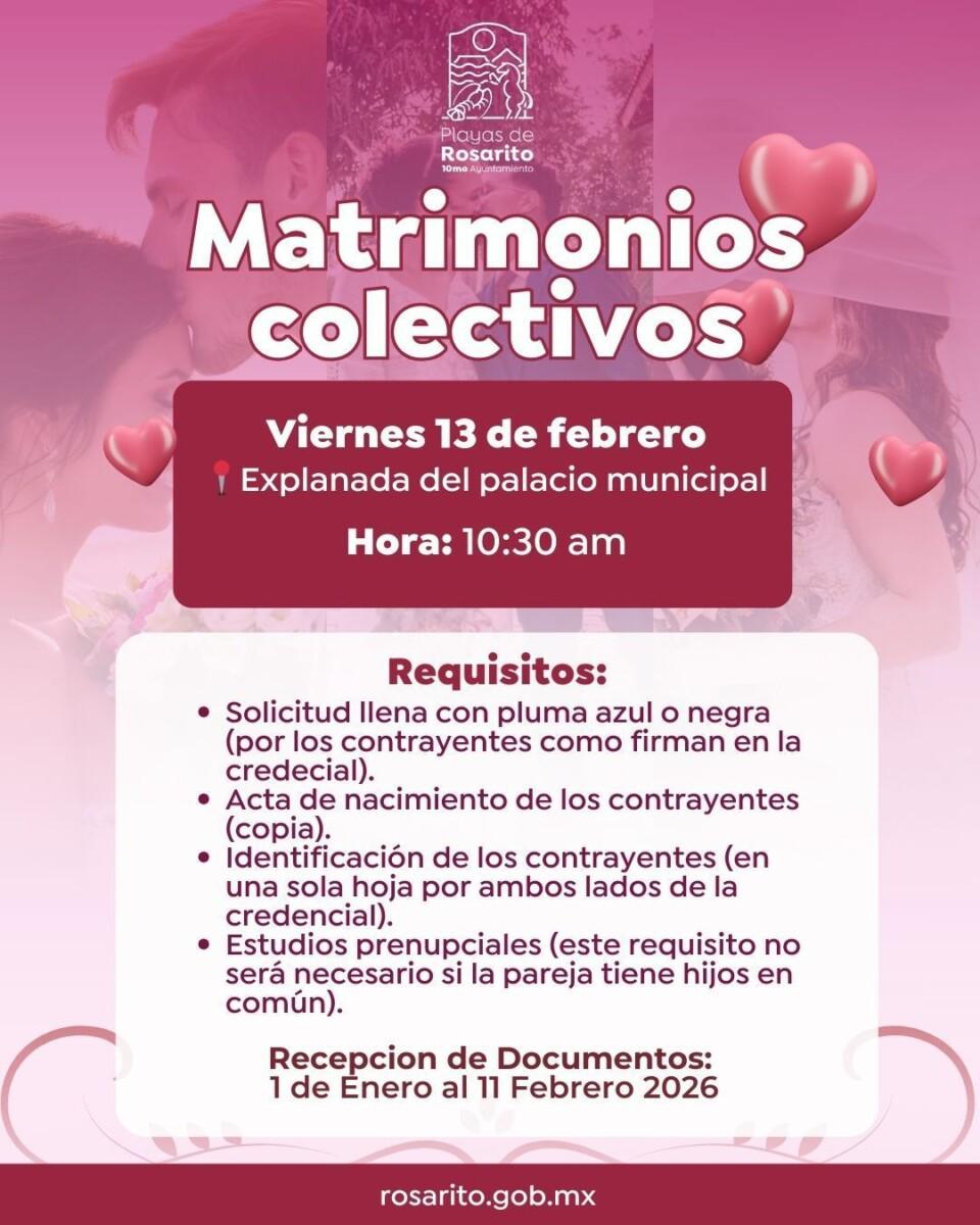 Invita el 10° Ayuntamiento de Playas de Rosarito a participar en los Matrimonios Colectivos 2026