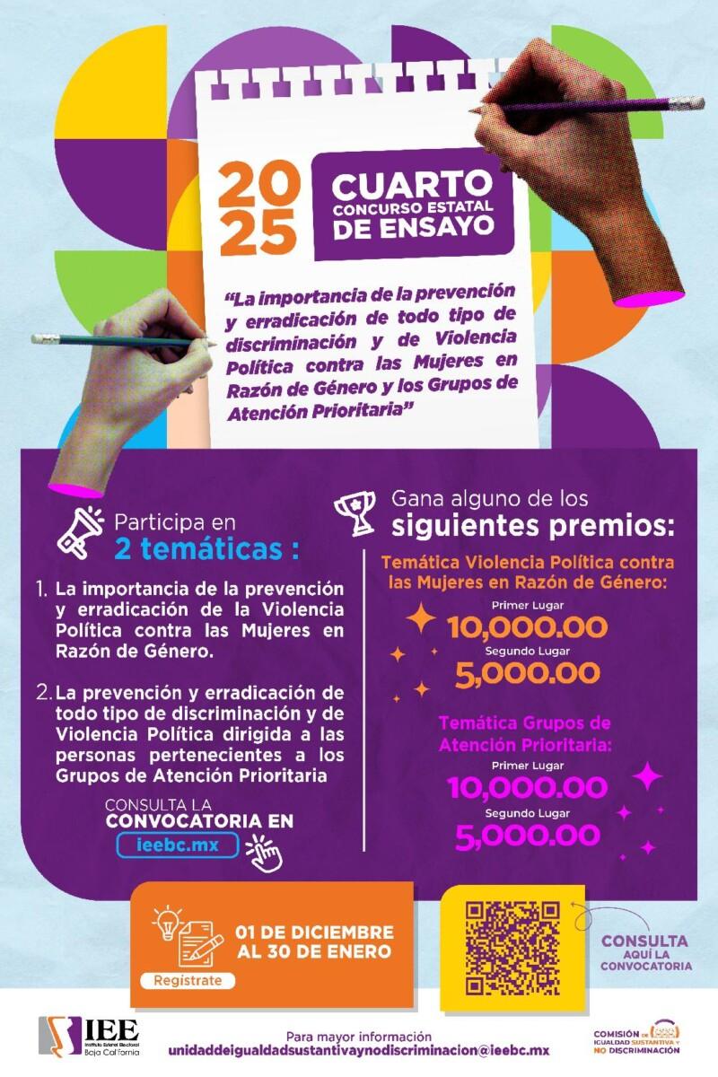 REITERA IEEBC INVITACIÓN A PARTICIPAR EN EL CUARTO CONCURSO ESTATAL DE ENSAYO 2025 SOBRE PREVENCIÓN DE LA DISCRIMINACIÓN Y LA VIOLENCIA POLÍTICA