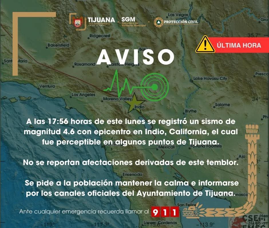 UN LIGERO TEMBLOR SE SINTIÓ EN ALGUNAS ÁREAS DE TIJUANA,TUVO COMO EPICENTRO EN INDIO CALIFORNIA, CON MAGNITUD DE 4.6