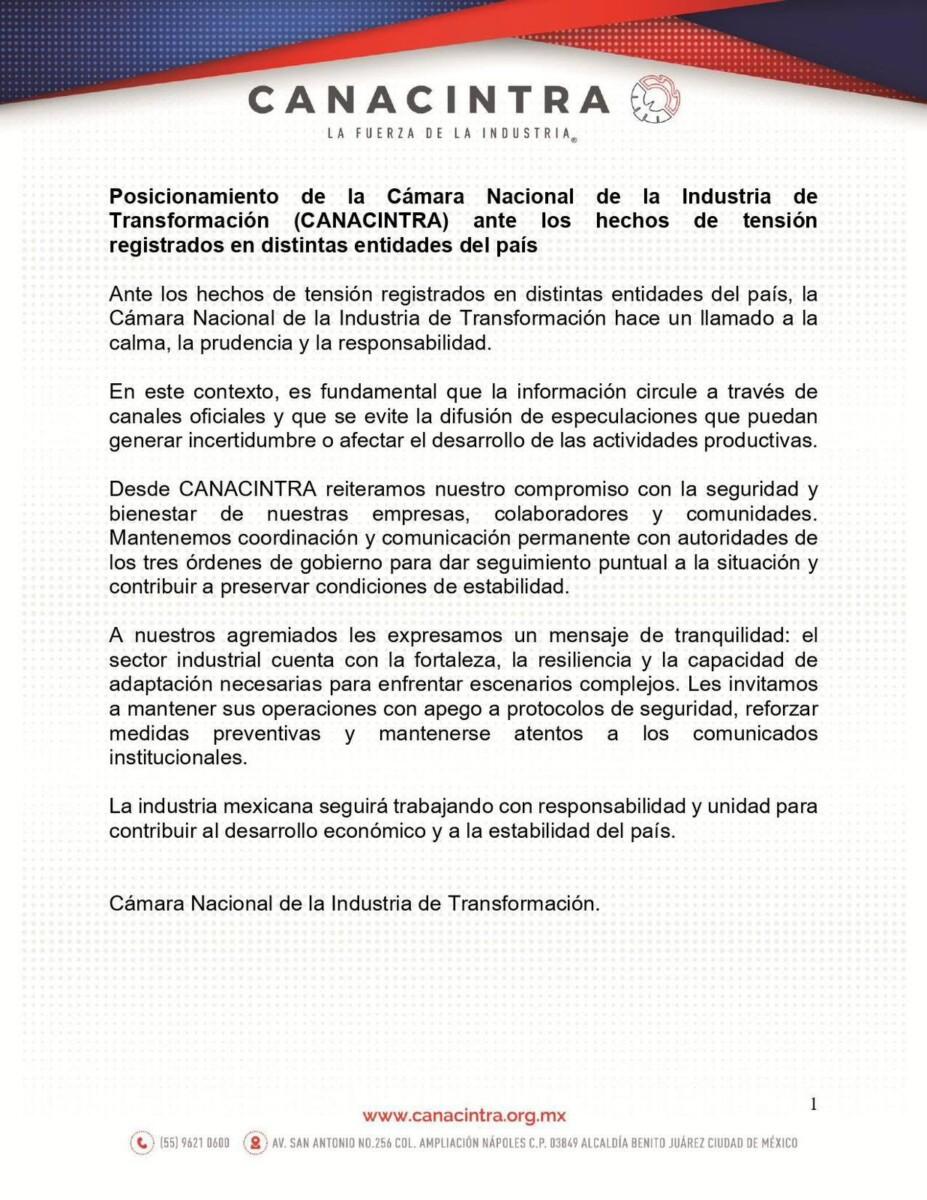 CANACINTRA LLAMA A LA CALMA, PRUDENCIA Y RESPONSABILIDAD, FRENTE A LOS HECHOS DE VIOLENCIA REGISTRADOS EN TIJUANA
