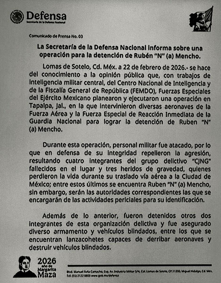 CONFIRMA LA SECRETARÍA DE LA DEFENSA NACIONAL LA MUERTE DEL MENCHO,TRAS UN OPERATIVO QUE DEJÓ 4 MUERTOS Y 3 HERIDOS GRAVES DEL CJNG EN EL SITIO,DURANTE EL TRASLADO MURIÓRUBÉN N.