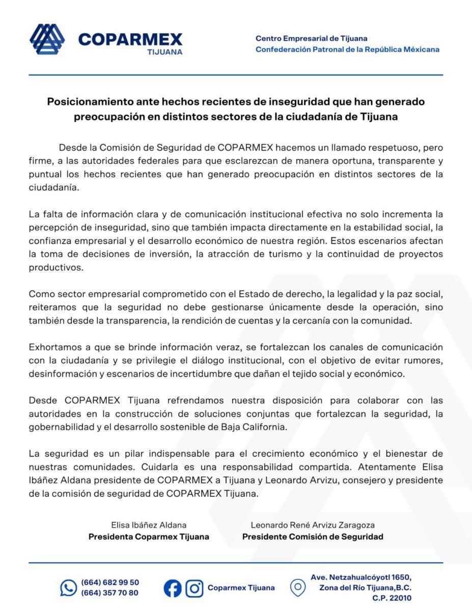 POSICIONAMIENTO DE COPARMEX ANTE HECHOS RECIENTES DE INSEGURIDAD QUE HAN GENERADO PREOCUPACIÓN EN DISTINTOS SECTORES DE LA CIUDADANÍA DE TIJUANA