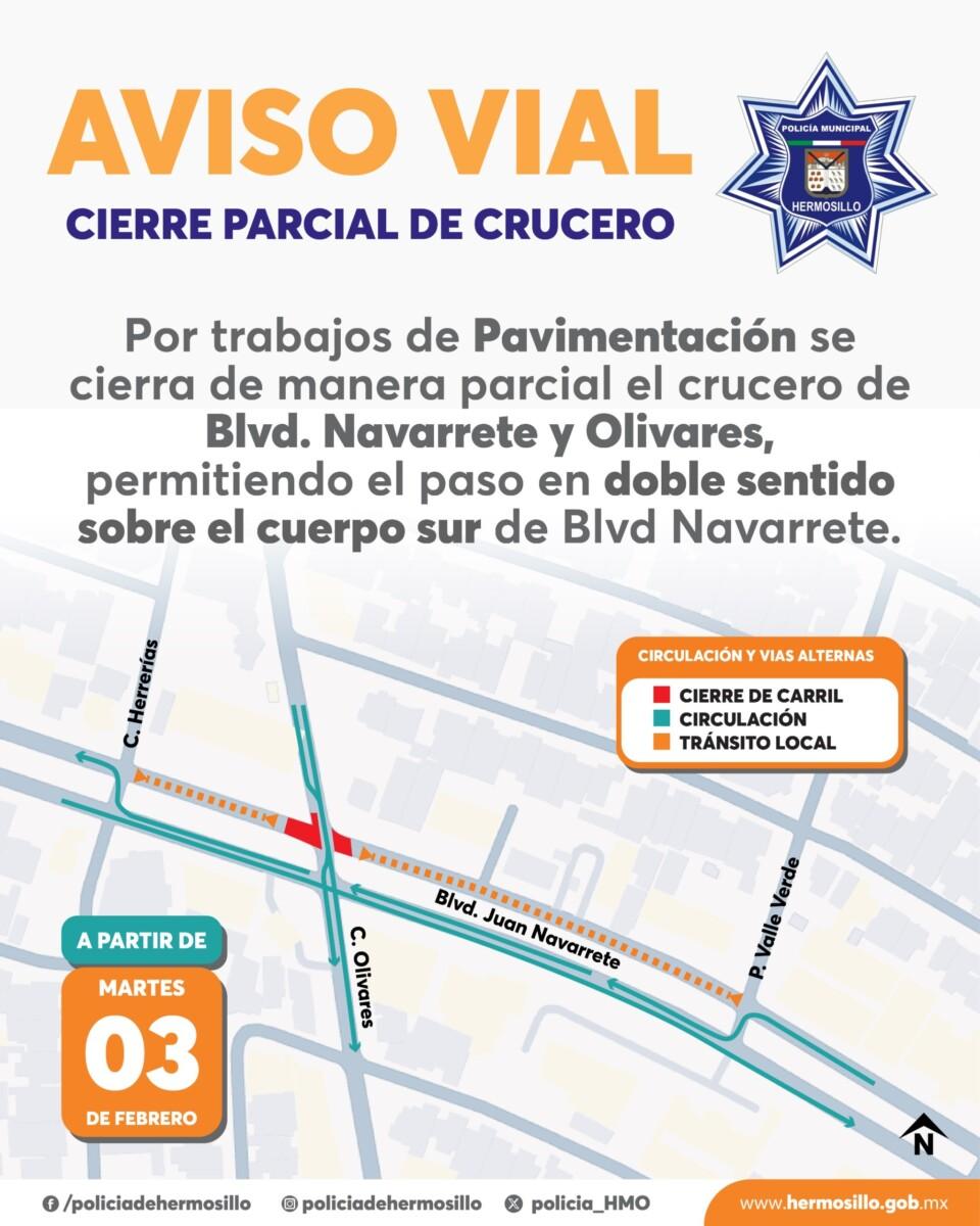 Iniciarán este 3 de febrero trabajos de rehabilitación en crucero Navarrete y Olivares