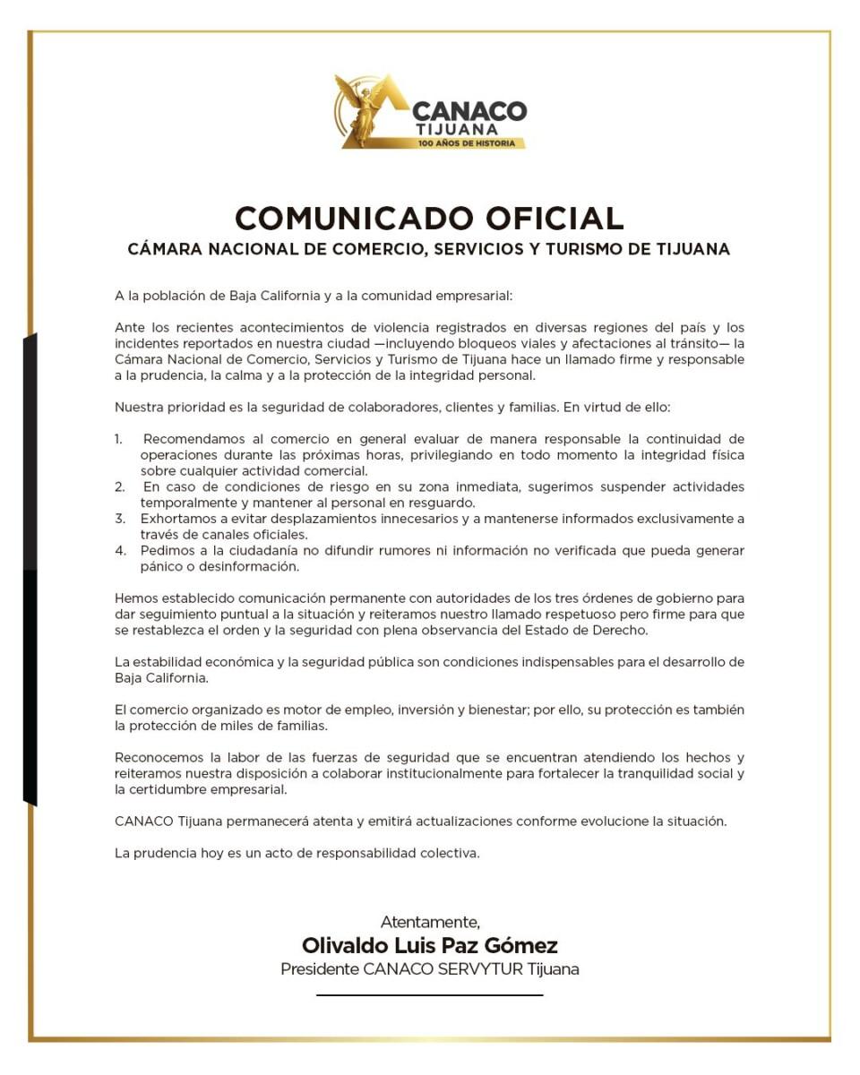 ANTE LA CRÍSIS QUE VIVIÓ TIJUANA EL DOMINGO COMO RESULTAD DE LA MUERTE DEL MENCHO, CANACO RECOMINEDA