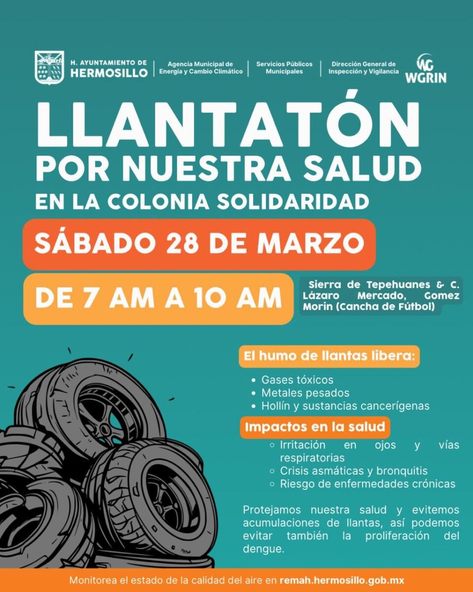 Invita Ayuntamiento de Hermosillo a participar en jornada de “Llantatón por nuestra salud” en la Solidaridad