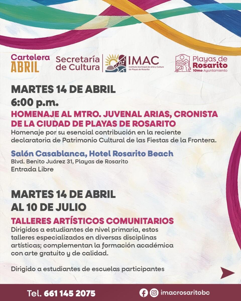 Invita el 10° Ayuntamiento de Playas de Rosarito a disfrutar la cartelera cultural del mes de abril