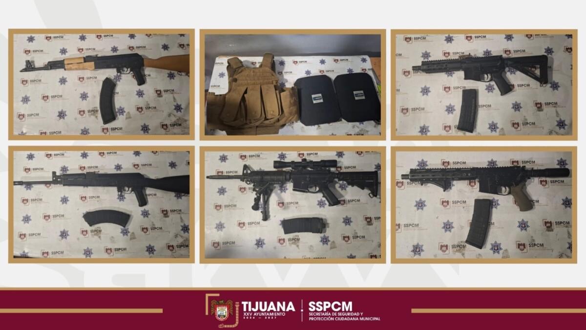 Asegura Policía Municipal 5 armas largas, 6 chalecos antibalas y 2 personas por presunta portación de arma de fuego