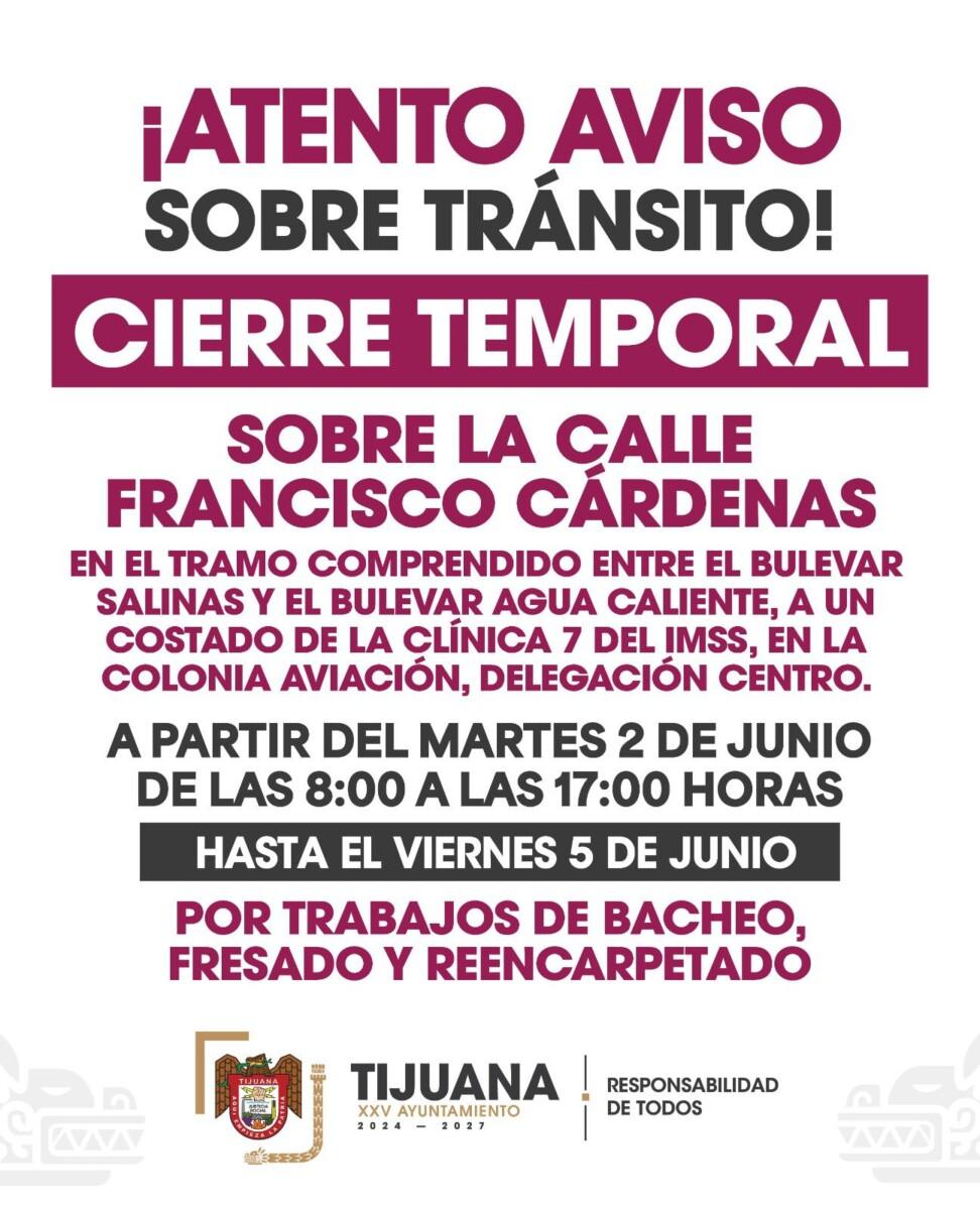 Informa Gobierno Municipal sobre cierres parciales a la circulación vehicular por trabajos de bacheo en la colonia Aviación