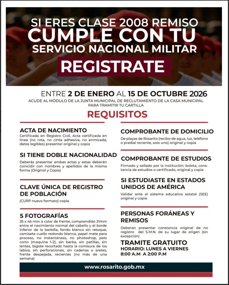Gobierno de Playas de Rosarito recuerda a jóvenes Clase 2008 y remisos realizar el trámite de la Pre-Cartilla del Servicio Militar Nacional