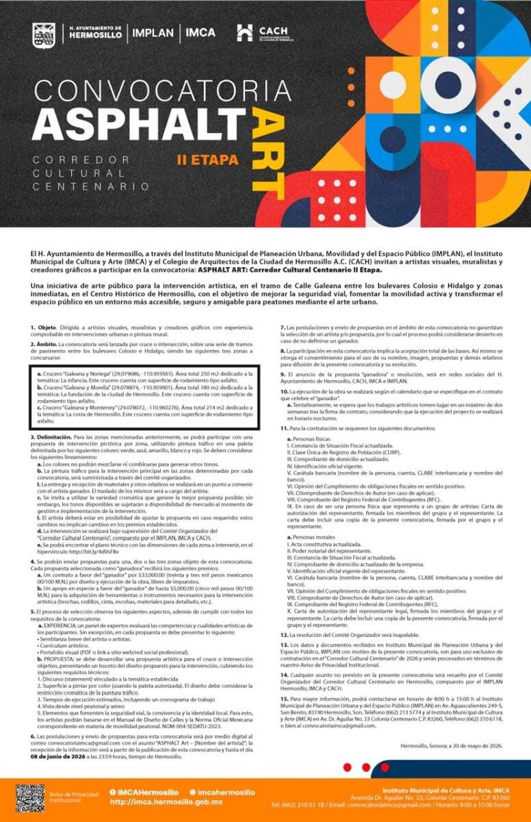 Invita Ayuntamiento de Hermosillo a artistas a participar en la segunda etapa del Corredor Cultural Centenario “Asphalt Art”