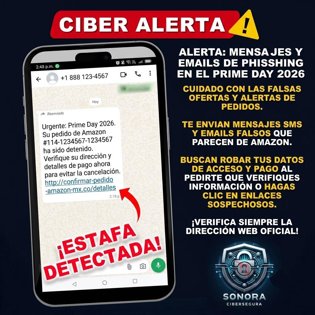 ¡CIBER ALERTA URGENTE DESDE SONORA! @SonoraCibersegura te previene sobre una peligrosa estafa de #Phishing que suplanta la identidad de #Amazon durante el Prime Day 2026. No dejes que los ciberdelincuentes roben tus datos de pago.