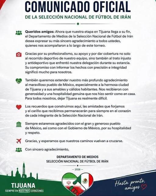 LA SELECCIÓN DE FUTBOL DE IRÁN SE DESPIDE DE MXÉICO, CON ESPECIAL AFECTO A TIJUANA Y SU GENTE