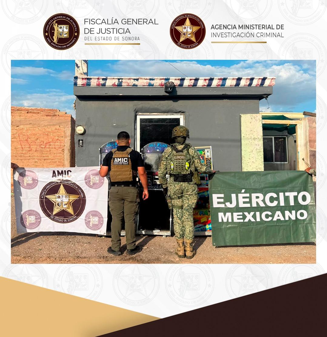 Aseguran AMIC y Defensa máquinas tragamonedas y narcótico durante cateo en Caborca