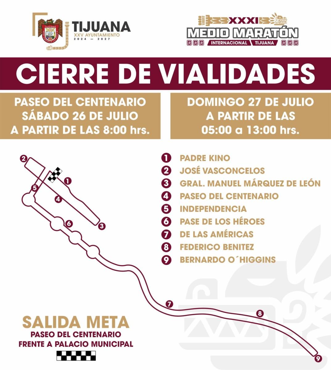 ANUNCIA GOBIERNO MUNICIPAL CIERRES VIALES POR EL MEDO,MARATÓN INTERNACIONAL DE TIJUANA 2026