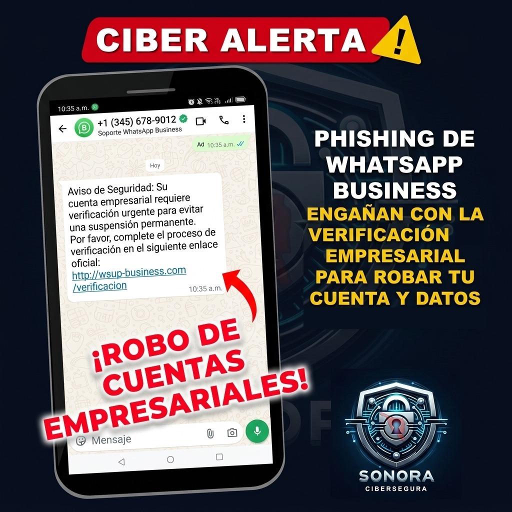 ¡CIBER ALERTA URGENTE!  @SonoraCibersegura te previene sobre una nueva campaña de phishing dirigida a cuentas empresariales de #WhatsAppBusiness.
