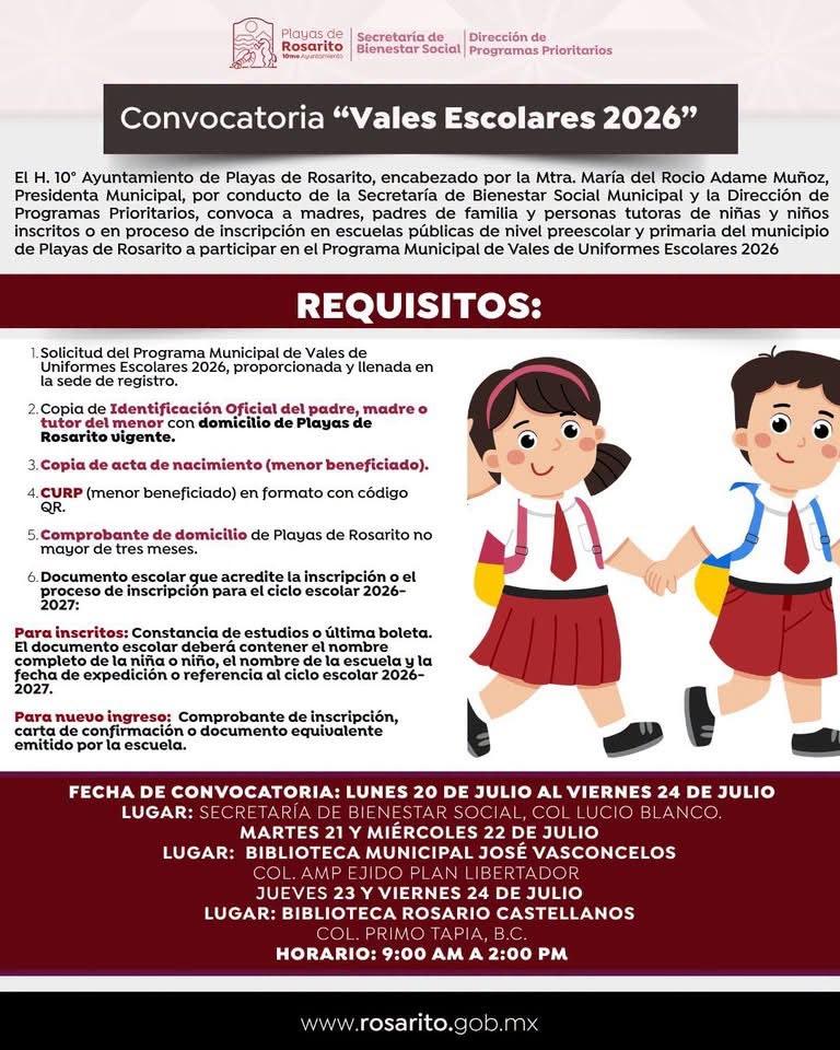 Gobierno de Rosarito inicia el registro para el programa Vales Escolares 2026