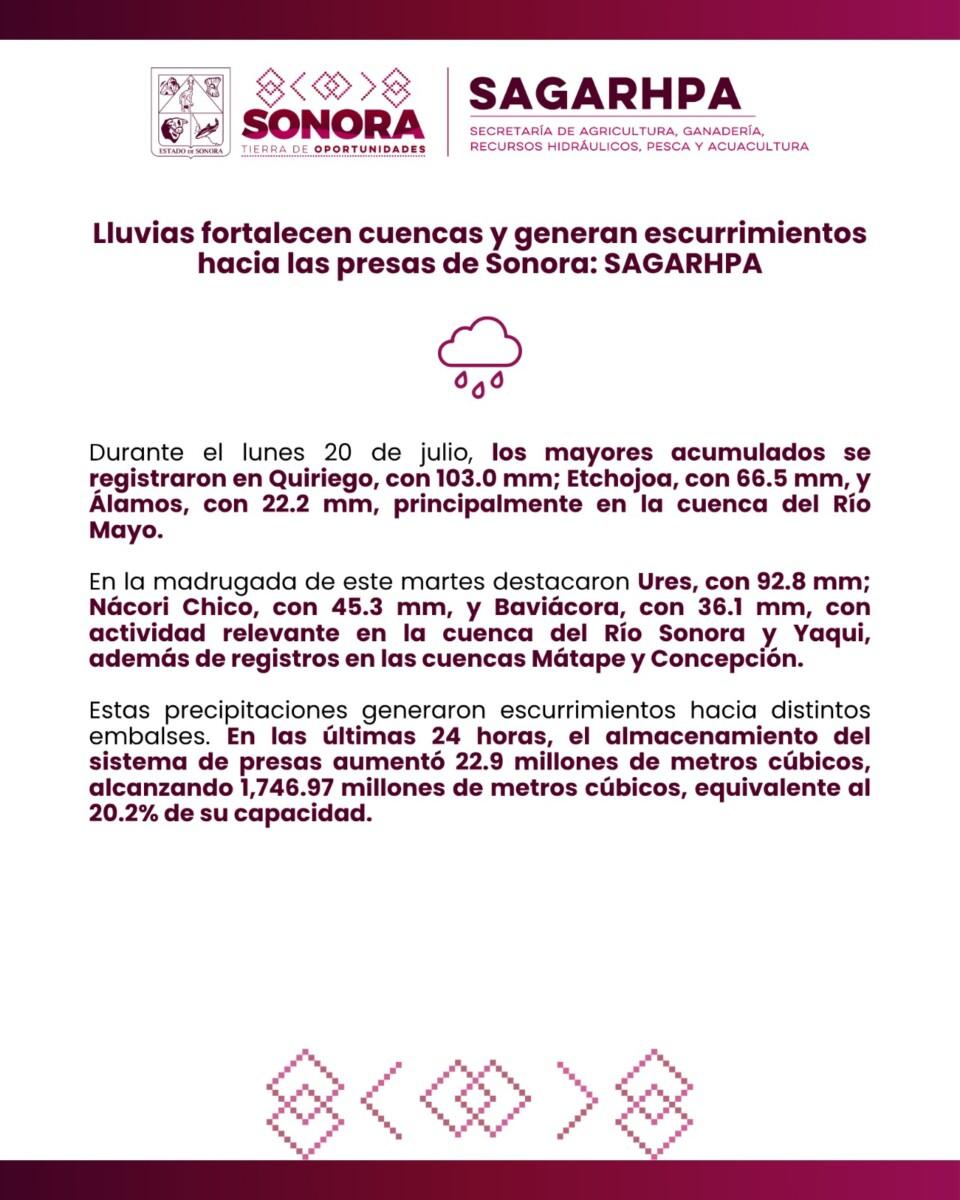 Lluvias fortalecen cuencas y generan escurrimientos hacia las presas de Sonora: SAGARHPA