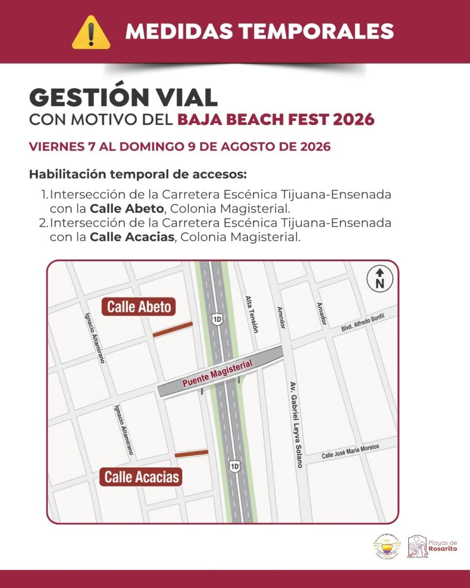 Gobierno de Playas de Rosarito informa medidas temporales de gestión vial por el Baja Beach Fest 2026